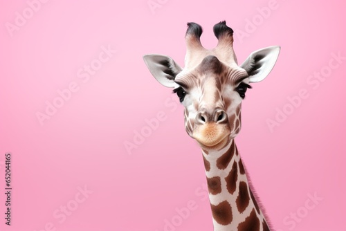 Giraffe portrait on minimalistic pink wallpaper. AI generated