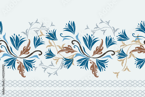 floral background with flowers silhouette blue background. Floral embroidery ikat design climbing blue flowers with leaves. Hand draw Ikat seamless pattern vector illustration.