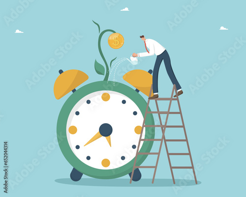 Dependence of conditions for investing deposit and receiving payments, growth of profits from investments, increasing income or savings, stability of economy or GDP, man watering money tree on watches