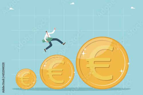 Increase in income and wages, financial growth and enrichment, increase in value of business and investment portfolio, rise in living standards and GDP, a man with arrow runs on increasing euro coins.
