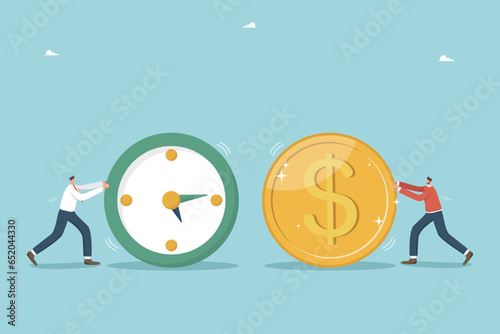 Time is money, long-term return on investment, pension fund concept, interest income from investments or deposits, time to receive money, hourly wages, men rolling watches and coin towards each other.
