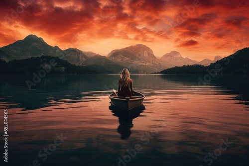 A serene sunset, a blonde woman, peacefully adrift on a calm lake.