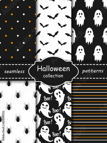 Halloween seamless pattern set. Ghosts, bat, polka dots, spider, striped backgrounds collection