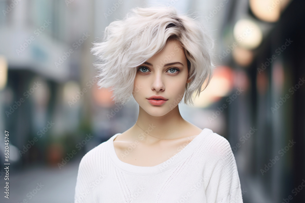 Generative AI photo of attractive lovely girl with stylish haircut on blurred city street backdrop Generative AI photo of attractive lovely girl with stylish haircut on blurred city street backdrop