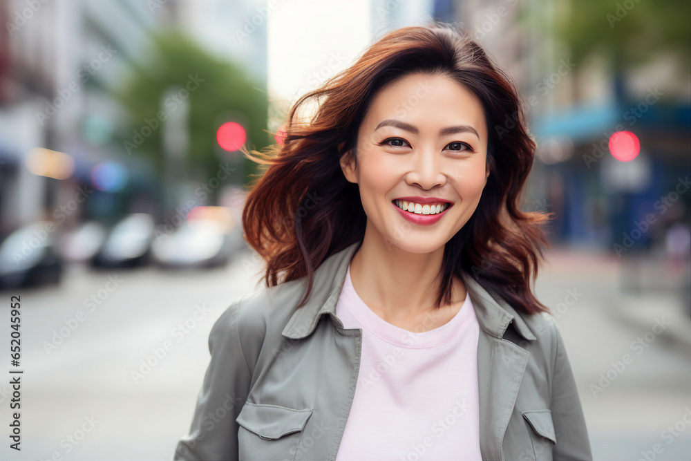 Generative ai image of smiling positive asian lady in the city Generative ai image of smiling positive asian lady in the city