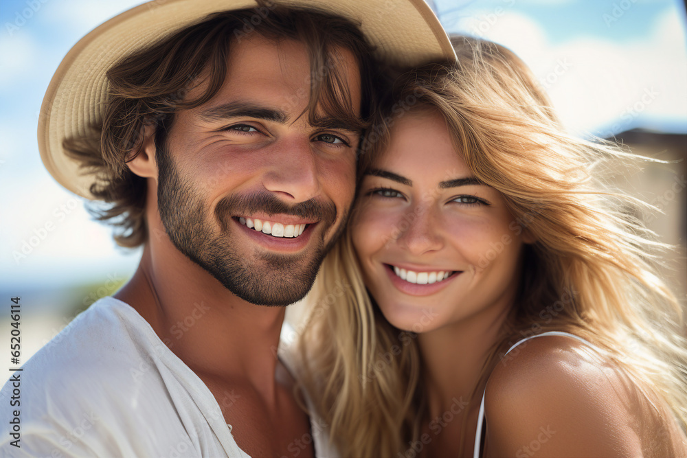 Young couple portrait two lovers spending time sunny country travelers Generative AI Young couple portrait two lovers spending time sunny country travelers Generative AI