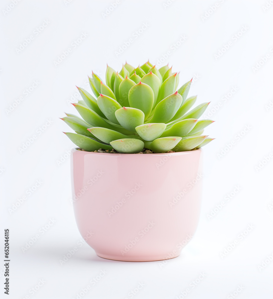 A little succulent in a pink pot on a white background A little succulent in a pink pot on a white background