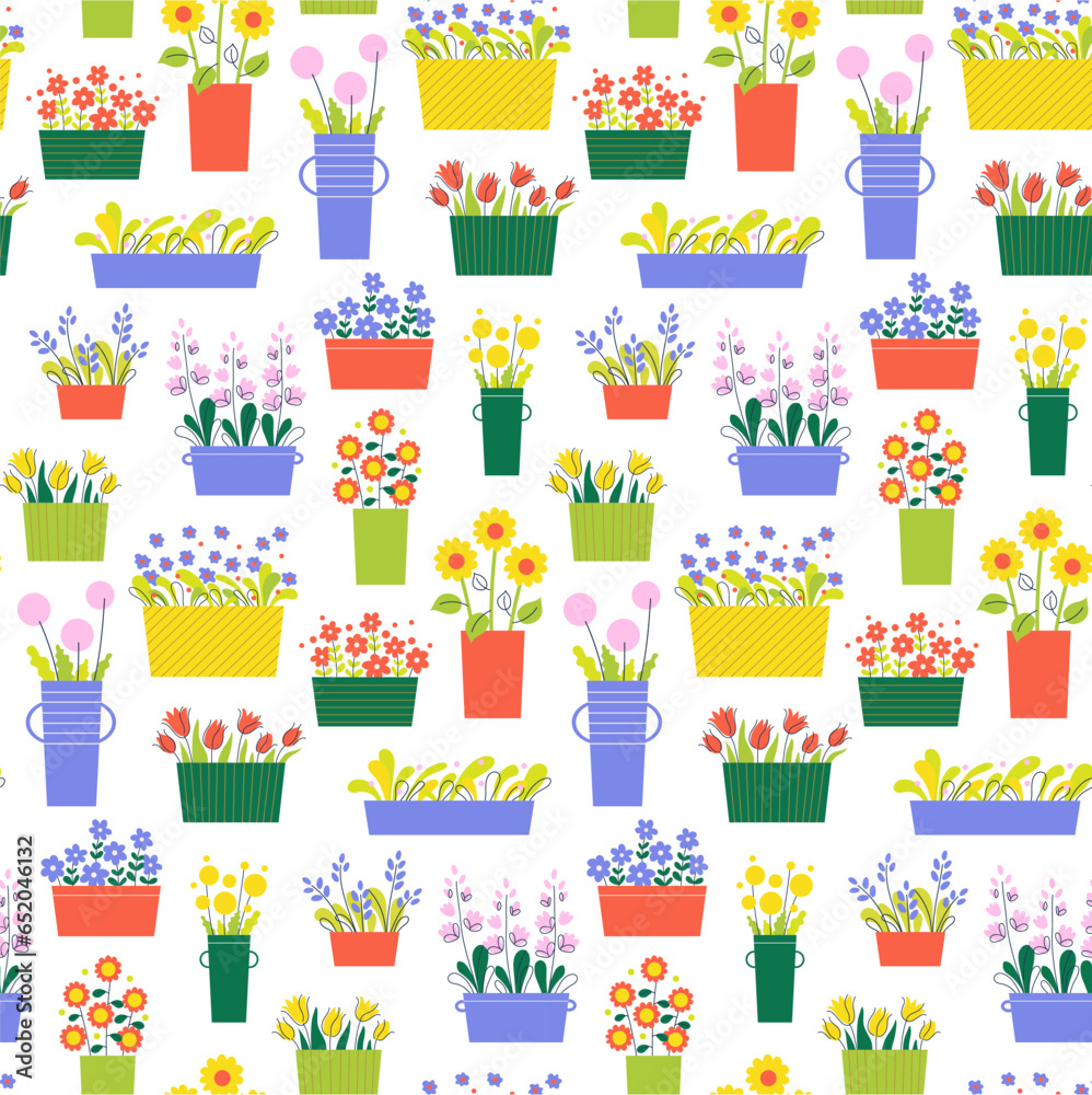 Seamless pattern flowers in pots. Cute flowers in vases and pots Seamless pattern flowers in pots. Cute flowers in vases and pots