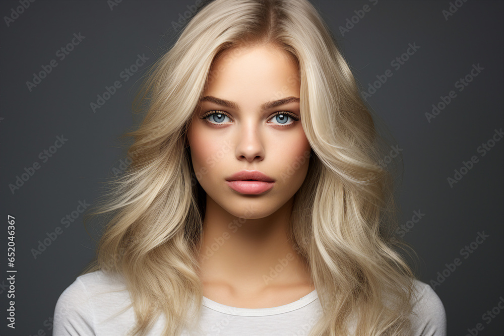 Close up photo portrait of a beautiful young woman smiling and looking at camera isolated on a grey background Close up photo portrait of a beautiful young woman smiling and looking at camera isolated on a grey background