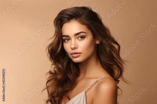 Close up photo portrait of a beautiful young woman smiling and looking at camera isolated on a beige background
