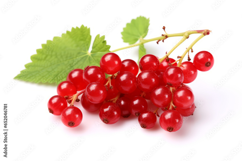 Red currants with green leaf isolated on white background, close up view.generative ai
