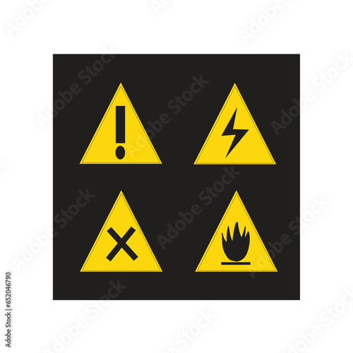 Electric shock danger icon. High voltage shock caution sign with electric lightning. Warning, danger, yellow triangle sign. Vector illustration.