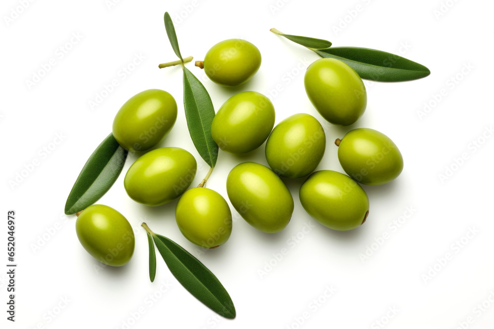 Green olives with green leaves isolated on white background top view with space for text.generative ai

