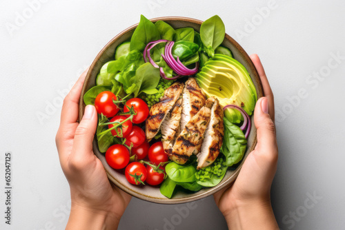 Woman's hands holding a bowl with salad with tomatoes, chicken, avocado, green leaves, top view of only hands with space for text or inscriptions, healthy eating theme.isolated.generative ai 