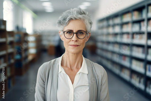 Generative AI photo of beautiful intelligent lady blurred schoolroom or library background school university education concept