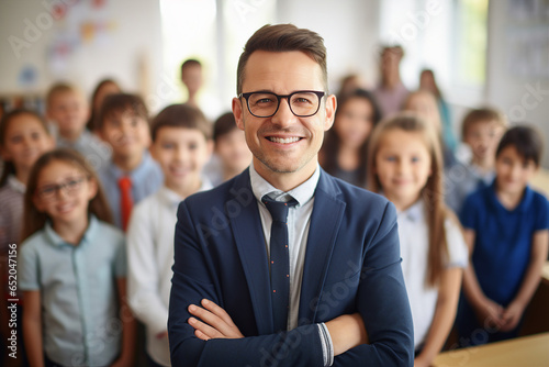 Generative AI portrait of confident male teacher looking at camera schoolkids on background in class room at the elementary school