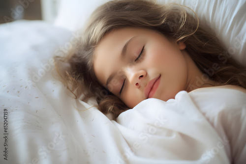 girl sleeps peacefully and sweetly in her bed and has fabulous dreams