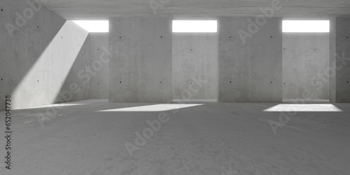 Abstract empty, modern concrete room with pillars, ceiling sky opening and rough floor - industrial interior background template