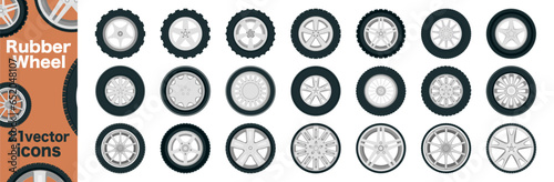 Set of isolated rubber tyre, car tire, truck wheel. Vector black wheel disks icons set photo