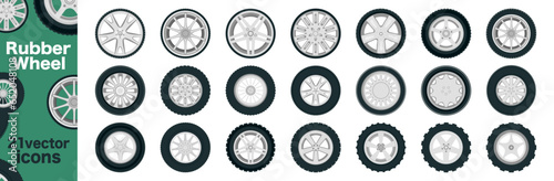 Wheel, tyre and tire collection of icons. Black rubber wheel tire set. Wheel tires photo