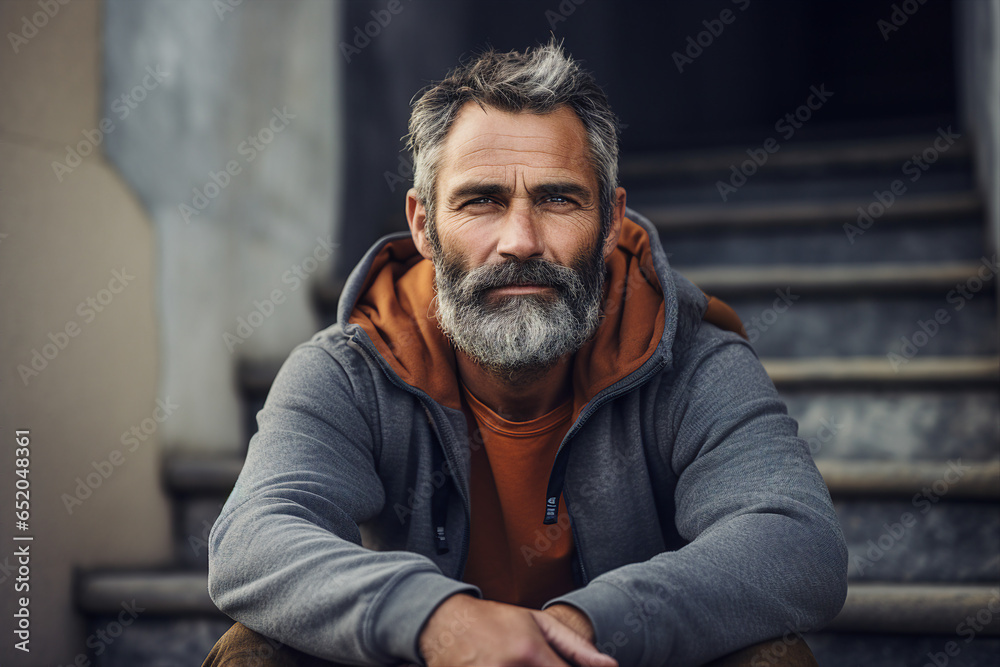 Portrait made with generative AI of a handsome macho man sitting on the street Portrait made with generative AI of a handsome macho man sitting on the street