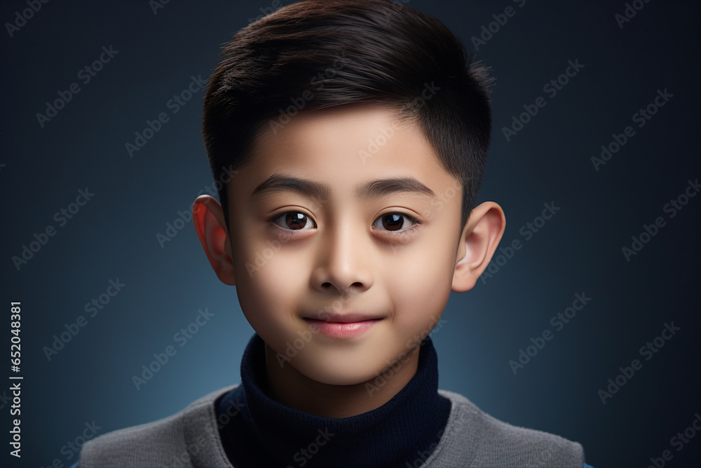 Portrait made with generative AI of a cheerful cute little boy isolated on a dark grey background Portrait made with generative AI of a cheerful cute little boy isolated on a dark grey background