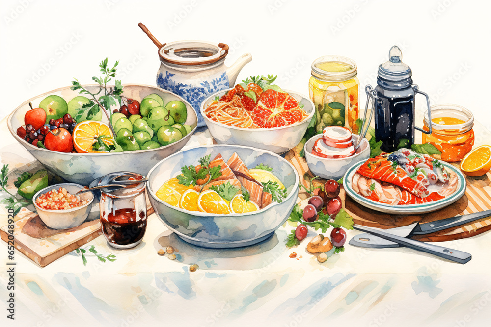 Food on the Table Watercolor, generative ai Food on the Table Watercolor, generative ai