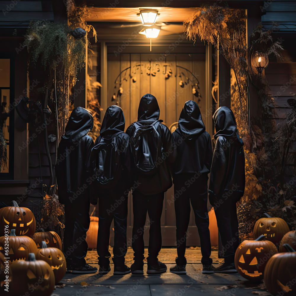 Obraz premium Group of teenagers in black costumes are standing at the door. Trick-or-treating. AI generated picture.