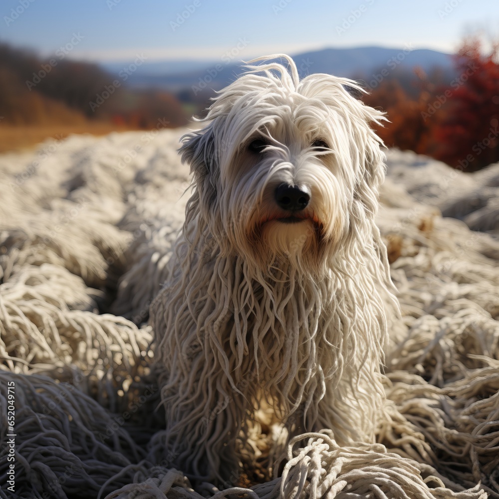 White dog of the Komondor breed, or Hungarian Shepherd. An animal with unusual hair in the form of dreadlocks. A fluffy long-haired dog runs across the field and guards the herd.