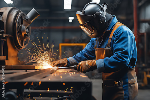 Detailed portrait of a attractive skilled welder working on a metal sculpture in an industrial workshop,ultra hd, realistic, vivid colors, highly detailed. Ai generated photo
