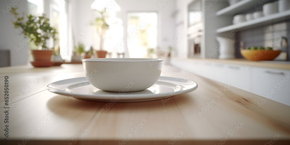 Empty white bowl and plate. On wooden table with kitchen in blurred background. Place for product, brand or advertising Empty white bowl and plate. On wooden table with kitchen in blurred background. Place for product, brand or advertising
