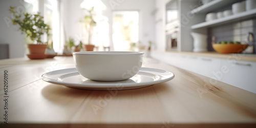 Empty white bowl and plate. On wooden table with kitchen in blurred background. Place for product, brand or advertising