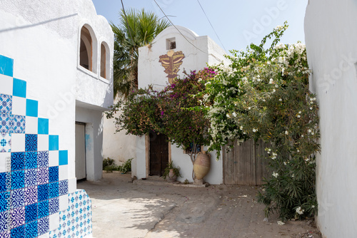 A traditional door with pattern and tiles, Hara Sghira Er Riadh - Djerbahood in Tunisia