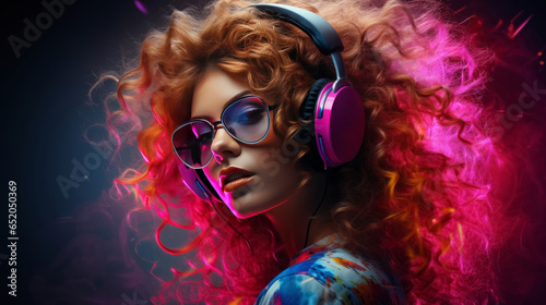 beautiful curly girl in headphones and sunglasses on colorful background  Dj girl
