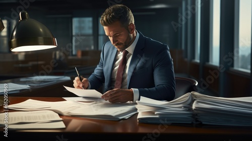 Man Wearing a Suit Is Working Reviewing a Stack of Papers