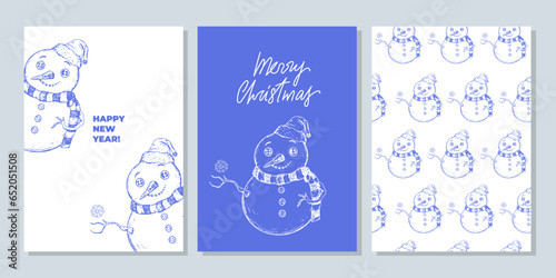 Set of Christmas templates with snowman. Christmas seamless pattern with sketch style snowman. Background with New year illustration