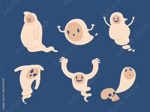Halloween Ghost Monster Characters. Adorable Phantoms With Mischievous Charm, Playfully Frightens, Vector Illustration