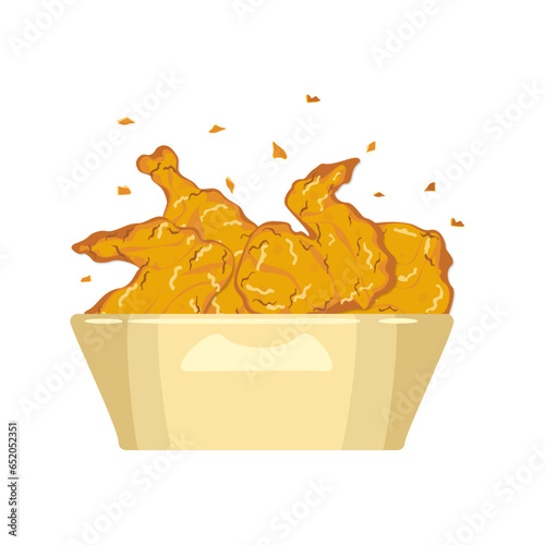 Cartoon set of crispy fried chicken, thigh meat, and wings in a paper cup side view Crunchy fast food delicious food menu inverter illustration.