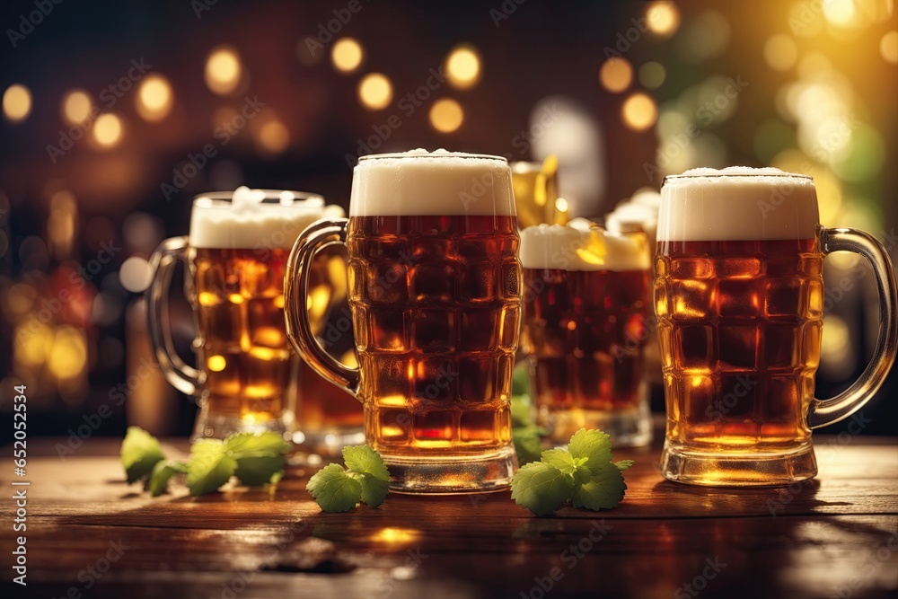Banner for Happy Beer Day with mugs of fresh beer. ai generative