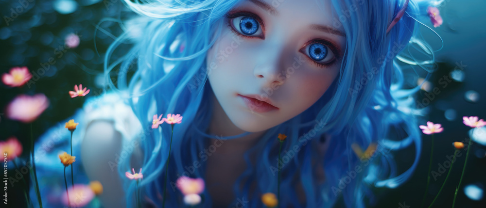 Pretty young teen cosplay as an enchanted fantasy fairy princess with bright blue hair and radiant eyes, surrounded by magical floating light sparkles, pale skin with pink blush cheeks makeup. Pretty young teen cosplay as an enchanted fantasy fairy princess with bright blue hair and radiant eyes, surrounded by magical floating light sparkles, pale skin with pink blush cheeks makeup.