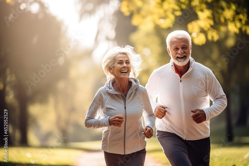 woman senior man outdoor running couple lifestyle sport smiling together jogging healthy nature fit happy active retirement exercise fitness run © Lumos sp