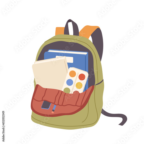 Opened schoolbag with paintings, textbook and notebook studying accessories isolated on white