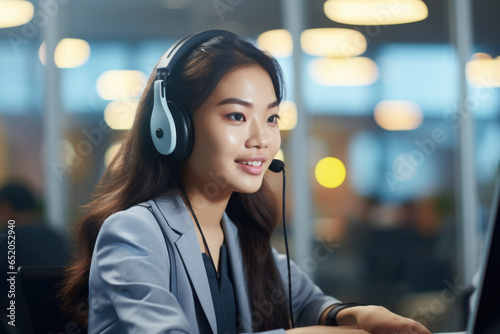 Woman is sitting in front of laptop wearing headset, engaged in work or communication. Concepts such as remote work, customer service, telemarketing, or online communication.