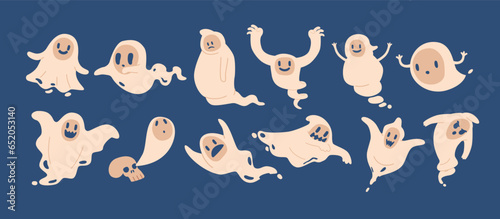 Cartoon Halloween Ghosts. Adorable White Sheet Phantoms With Mischievous Expressions, Frightens With A Cheerful Boo