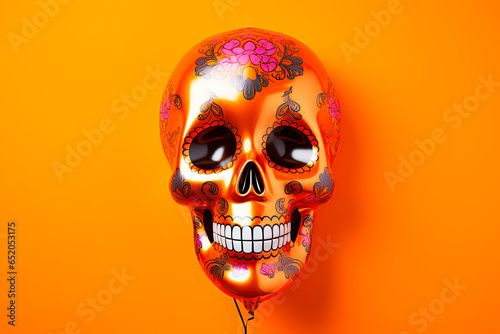 Colorful bright foil ball with a skull on an orange background
