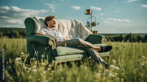 Young Man Relaxing on a Sofa in the Middle of the Field photo