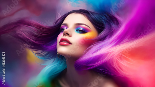 Portrait of a dreamy beautiful abstract woman with her hair flying amidst colorful smoke - Generative AI
