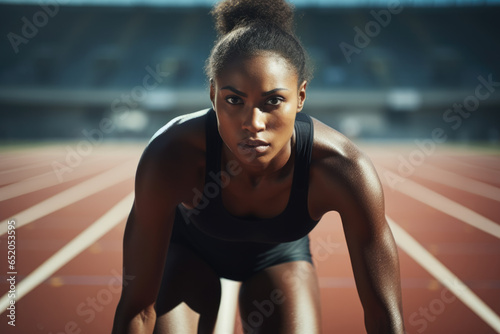 Woman wearing black top and black shorts is pictured on track. This image can be used to depict fitness, exercise, sports, or running.