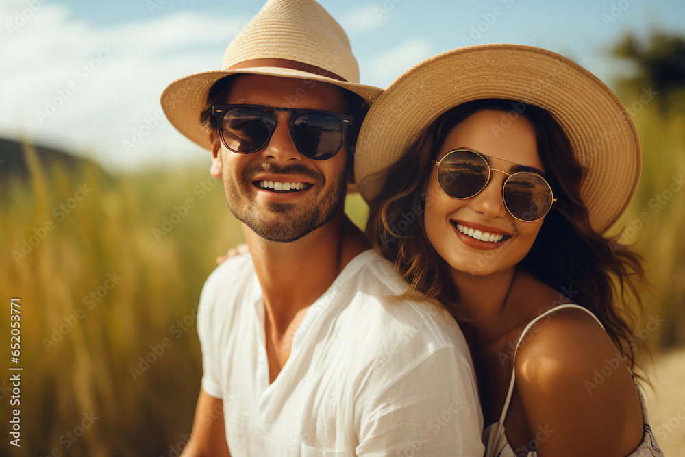 Picture image of a cheerful happy sweet couple enjoying summer walk in the field outdoors generative AI concept