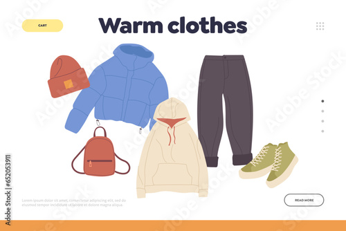 Warm clothes assortment casual fall attire, comfortable warm seasonal outwear landing page